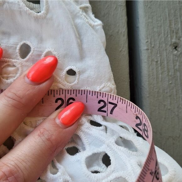 Women's White Sheer Eyelet Long Sleeves Puff‎ Shoulder Flounce Hem Mini Dress L - Picture 6 of 8